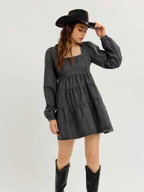 Charcoal Denim Tiered Babydoll Puff Sleeve Mini Dress NWT #D110